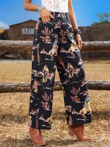 Breezaya Western Style Print High Waist Elastic Waist Wide Leg Pants - Black - View 3