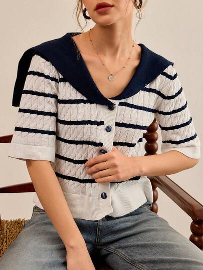 CasuGlow Striped Textured Knit Sailor Collar Cardigan – Nautical Preppy Chic, Clean Girl Aesthetic, Vintage-Inspired, Button-Front, Soft Structured Knit, Everyday Layering Essential, Back To School Ready