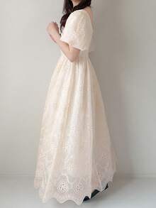 FRIFUL Vestido largo elegante de fiesta con cintura fruncida y bordado floral para mujer - Beis - Ver 7