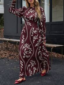 Aveloria Modichic Đầm phong cách Bohemian cổ đứng, eo thắt, họa tiết ngẫu nhiên, thích hợp mặc đi nghỉ mát mùa thu cho nữ. - Nhiều màu - Xem 2