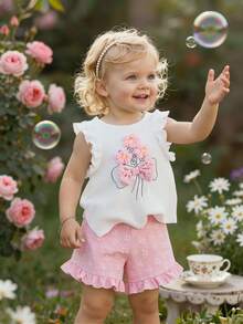 SHEIN Bộ áo vest và quần short jacquard dễ thương, kiểu dáng thường ngày cho bé gái, thích hợp mặc ở nhà và ngoài trời, mùa xuân/hè. - Hồng - Xem 1