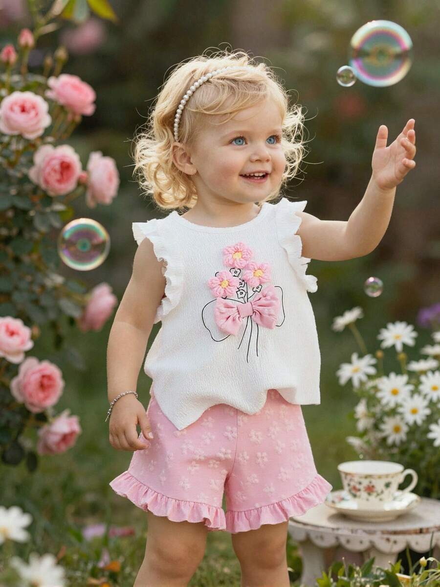 SHEIN Bộ áo vest và quần short jacquard dễ thương, kiểu dáng thường ngày cho bé gái, thích hợp mặc ở nhà và ngoài trời, mùa xuân/hè. - Hồng - Xem 1