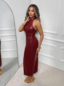 Slaydiva 优雅浪漫性感派对露背无袖修身酒红色PU长裙 - 酒紅色 - 查看 3