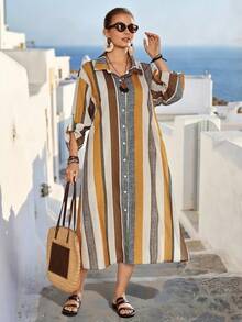 EMERY ROSE Plus Size Casual Elegant Printed & Striped Linen-Like Mid-Length Shirt Dress, Suitable For Vacation, Commute, All Seasons - Multicolor - View 7