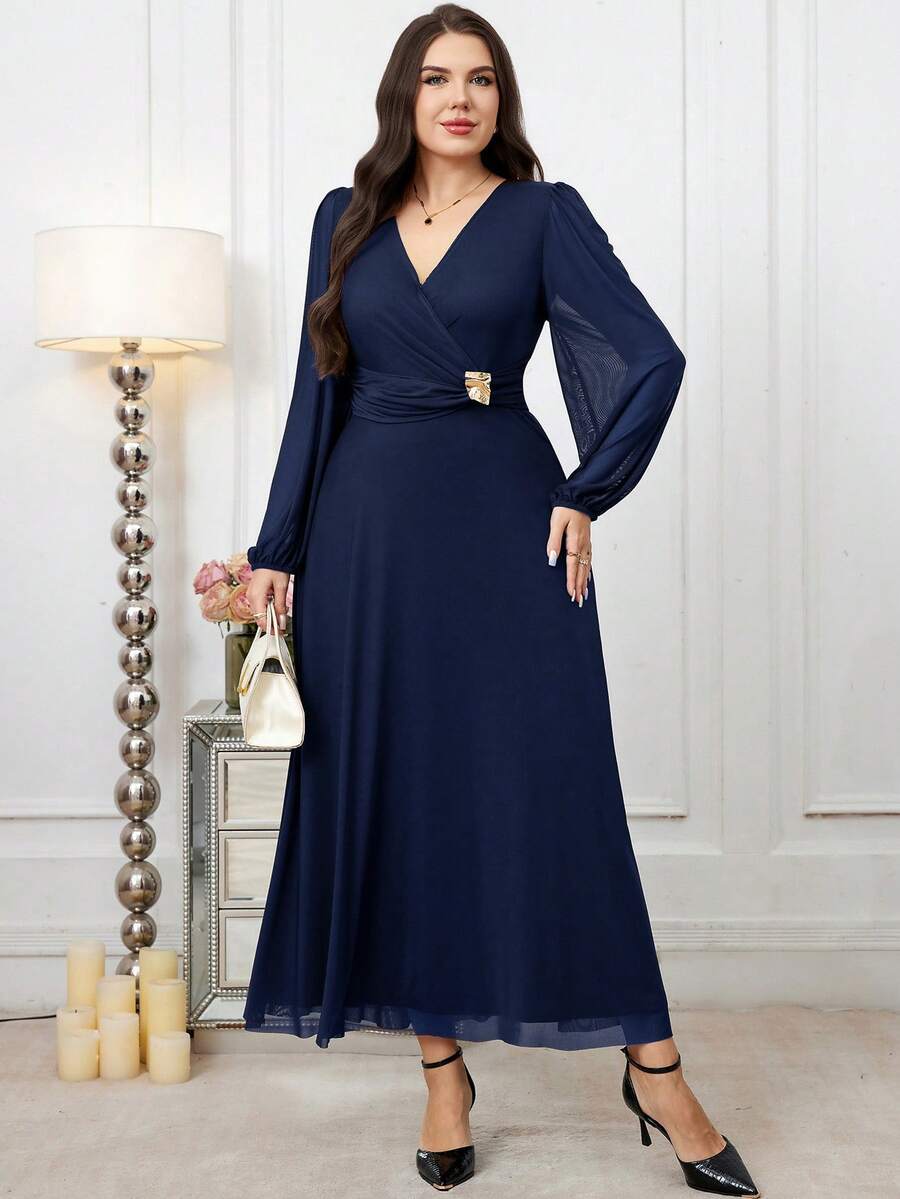 Modelyn Đầm công sở cỡ lớn thanh lịch với chi tiết trang trí kim loại ở eo. - Màu xanh hải quân - Xem 1