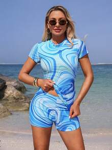 Swim Mulvari 2026 Summer NEW Women's Summer 
Blue Water Ripples Women's Middle Eastern Marble Print Short Sleeve Swimsuit Set With Cover-Up Skirt Beach Vacation, Pool Party, Beach PartyBeach Outfits, Music Festival Outfits, Vacation Outfits, Seaside Dates, Holiday Outfits, Sexy, Elegant, Casual Outfits, Beach Party Outfits, Pool Party Outfits - Multicolor - View 7
