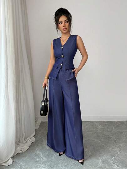 Elenzga 两件套女士纯色纽扣V领无袖背心和带口袋休闲裤，适合毕业典礼、假日、度假等场合。