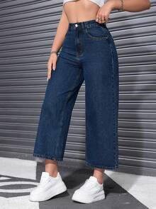 Rivivi Quần jeans nữ cạp cao, ống rộng, dáng suông, thoải mái - Rửa tối - Xem 4