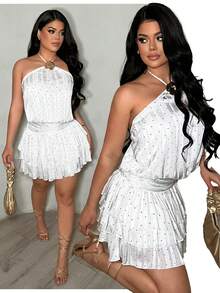 SHEIN SXY Polka Dot Mesh Ruffle Hem Mini Vacation Dress, White Party Outfits, Slay Diva Dress,, All White Party Outfit Women, White Dress,Ruffle,Summer ,Spring ,Vacation,Beach , Ibiza,Polka Dot White Polka Dot Dress Ruffle Dress Seashell Dress Sea Shell Dress - White - View 4