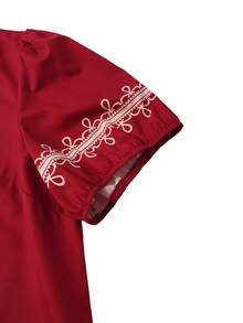 SHEIN LUNE Plus Size Women Red Floral Retro Print Blouse, Loose Fit V-Neck Puff Sleeve Top With Ruffle Design, Summer - Burgundy - View 5