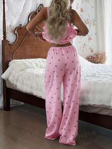 CottageSlumber 女士泡泡褶皱条纹樱桃印花吊带背心和裤子睡衣套装 - 粉色 - 查看 2