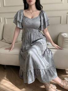 DAZY 蝴蝶提花喇叭袖收腰长连衣裙 女式碎花连衣裙 - 藍色 - 查看 5