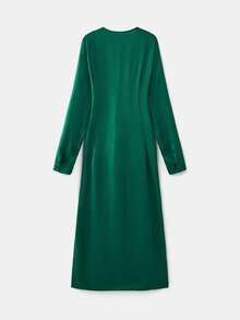 lacRébo 长袖缎面超长连衣裙，深 V 领，前部扭纹细节，晚装时尚秋冬 - 綠色 - 查看 8