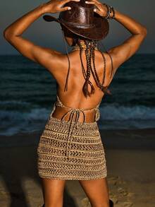 Bellisia 2pcs/Set Tassel Halter Top And Mini Skirt, Beach/Summer Outfit - Khaki - View 7