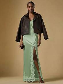 Briarwyn 女士吊带绿色蕾丝拼接高开衩连衣裙，适合情人节、圣帕特里克节 - 灰綠 - 查看 3