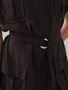 KSTM Women Chiffon Utility Midi Dress With Belt Short Sleeve Round Neck Semi Sheer Casual Office Versatile Lightweight Summer Spring - Coffee Brown - View 7