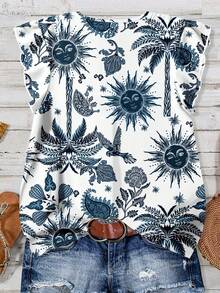 EMERY ROSE Women's Casual Coconut Tree & Sun Print Shirt, Suitable For Summer Vacation - Green - View 2