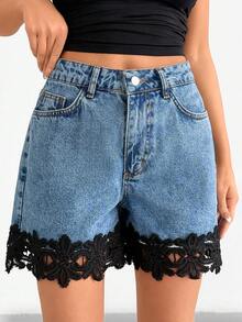 SHEIN High Waist Lace Hem Mini Denim Short - Medium Wash - View 6