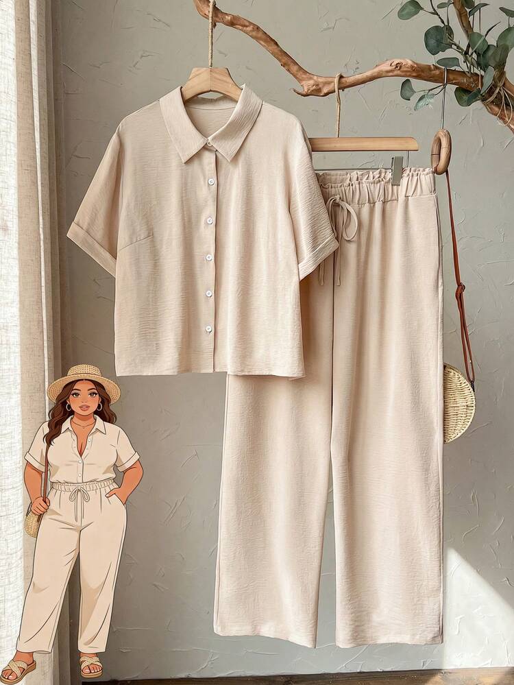 2pc Set Plus Size Women's Summer Casual Vacation Country  Solid Color Khaki  Short Sleeve Blouse Shirt Top And Pants Set With Pocket,,Summer Holiday,Spring Break Outfits ,Vacation Outfits Women ,Holiday Outfits For Women,Going Out Outfits,2026 New Clothes,Simple And Fashionable For Everyday Wear, Shirt And Pants Set, Co Ords Sets Women,Modest Two Piece Set, Plus Size Summer Sets, Wide Leg Pants Set,Suitable For Summer, Vacation, Commute, Daily Wear, Summer Outfits