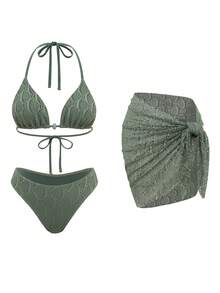Swim Oasis Women's Solid Color Textured Swimwear Set For Vacation & Beach - Green - View 3