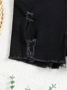 少女牛仔裤，夏季新品，黑色水洗牛仔短裤，时尚休闲风，做旧破洞设计，修身剪裁，弹力牛仔面料，适合日常、上学、通勤、聚会等各种场合。 - 黑色 - 查看 6