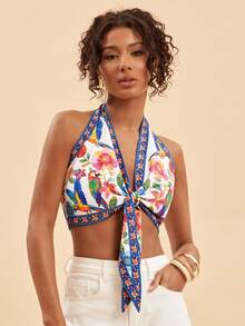 Travachic Áo croptop buộc dây phía trước in họa tiết hoa và vẹt dành cho nữ, thích hợp cho kỳ nghỉ. - Màu vàng - Xem 5