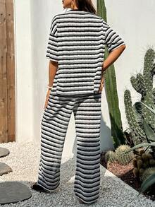 Boho Mama 2pcs Maternity Striped Short Sleeve Button-Up Top And Adjustable Waist Casual Pants Set - Black and White - View 2