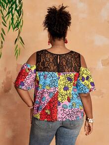BrightlyHer Damen Große Größen Lässig Spitze Patchwork Blume Muster Schulterfreies Top - Verschiedenfarbig - Übersicht 2