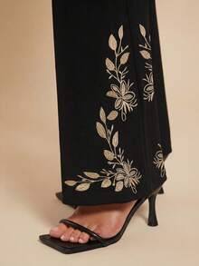 Ellevyn 女士优雅日常通勤植物刺绣侧拉链修身喇叭裤，女士喇叭裤，喇叭裤腿，女士正装裤，刺绣裤，夏季穿搭，夏季裤装，夏季女士复古度假通勤休闲优雅百搭经典黑色刺绣喇叭裤，高腰弹力打底裤，适合工作和所有季节，女士正装裤，女士长裤，黑色喇叭裤 - 黑色 - 查看 6