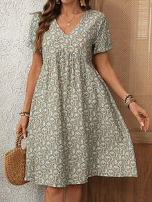 EMERY ROSE Women's V-Neck Allover Print Pleated Casual Summer Short Dress - Multicolor - View 1