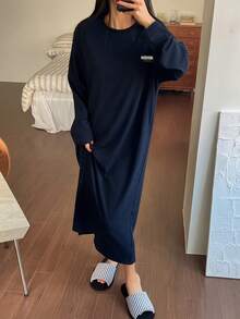 DAZY Women's Loose Fit T-Shirt Dress With Woven Label Decor, Casual Loungewear, Autumn/Winter - Blue - View 5