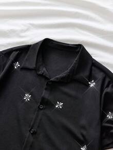 AXEPEAK Men's Casual All-Over Print Front Button Short Sleeve Shirt, Summer - Black - View 4