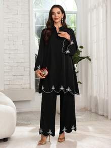 Lacomfia Women's V-Neck Embroidered Loose 2 Pieces Set, Spring/Summer - Black - View 6