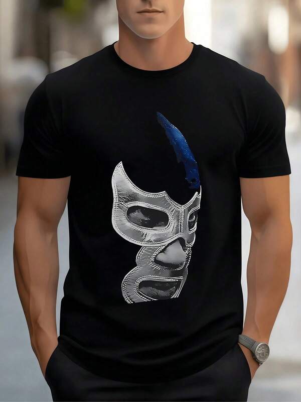 Máscara de luchador mexicano en tonos plateados y azules simbolizando fuerza valentía y espíritu combativo camiseta de hombre