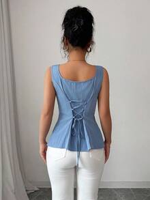 Elenzga New Spring/Summer Elegant Vintage Blue Tie-Up Waist Square Collar Sleeveless Blouse, Suitable For Vacation And Work - Blue - View 4
