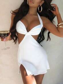 Zyxie 女式时尚休闲简约性感领带开衩迷你连衣裙 - 白色 - 查看 1