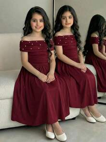 SHEIN 少女纯色酒红色串珠优雅复古返校/派对装、生日装、舞会礼服，针织露肩褶皱长裙，适合居家、户外、派对、聚会等各种场合，露肩中长连衣裙 - 酒紅色 - 查看 8