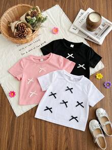 Genkimix Kids 3件套女童时尚简约蝴蝶结装饰短袖T恤，黑白粉组合，适合日常穿着，春夏皆宜 - 黑色 - 查看 1