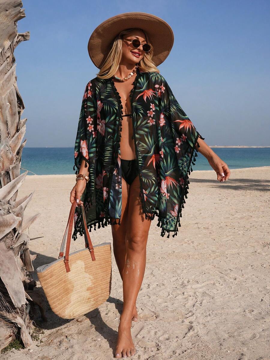 Swim Lushoire Women's Fringe Print Open Front Sheer Cover Up - Multicolor - View 1