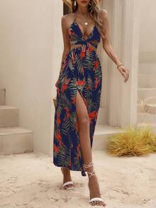 Breezaya Đầm maxi dài xẻ đùi, thắt nút, hở lưng, in họa tiết nhiệt đới, thích hợp cho kỳ nghỉ biển, trang phục dành cho nữ. - Màu xanh hải quân - Xem 2