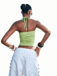 LYSMO 女士夏季休闲沙滩度假风纯色水钻装饰褶皱露脐系带吊带上衣 - 綠色 - 查看 2