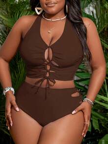 Slaydiva Conjunto de bikini de talla grande para mujer de unicolor y sexy con lazo, para la playa de verano - Café integral - Ver 5