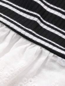 DAZY Tween Girls Round Neck Knit Striped Contrast Lace Trim Short Sleeve T-Shirt, Fall - Black and White - View 8