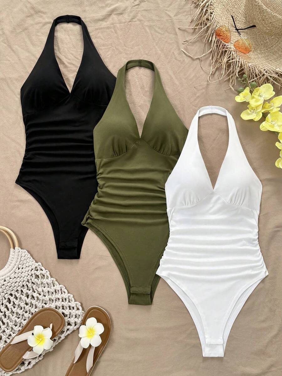 SHEIN LUNE 女士褶皱露背无袖V领连体衣套装 - 彩色 - 查看 1