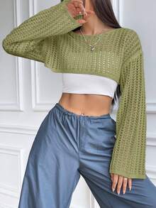 SHEIN Unity Sexy Loose Drop Shoulder Long Sleeve Cropped Women Sweater - Green - View 7