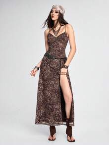 ROMWE Hippie Đầm hai dây xẻ cao họa tiết da báo phong cách Bohemian, thích hợp cho kỳ nghỉ - màu nâu - Xem 6