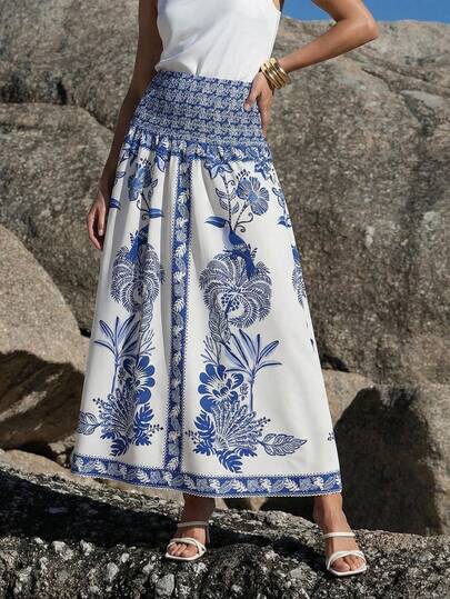 Amorya Women's Bohemian Style Printed A-Line Skirt, Blue & White Printed Casual Vacation Outfit, Spring/Summer Women Vacation Boho Sexy Women Clothes