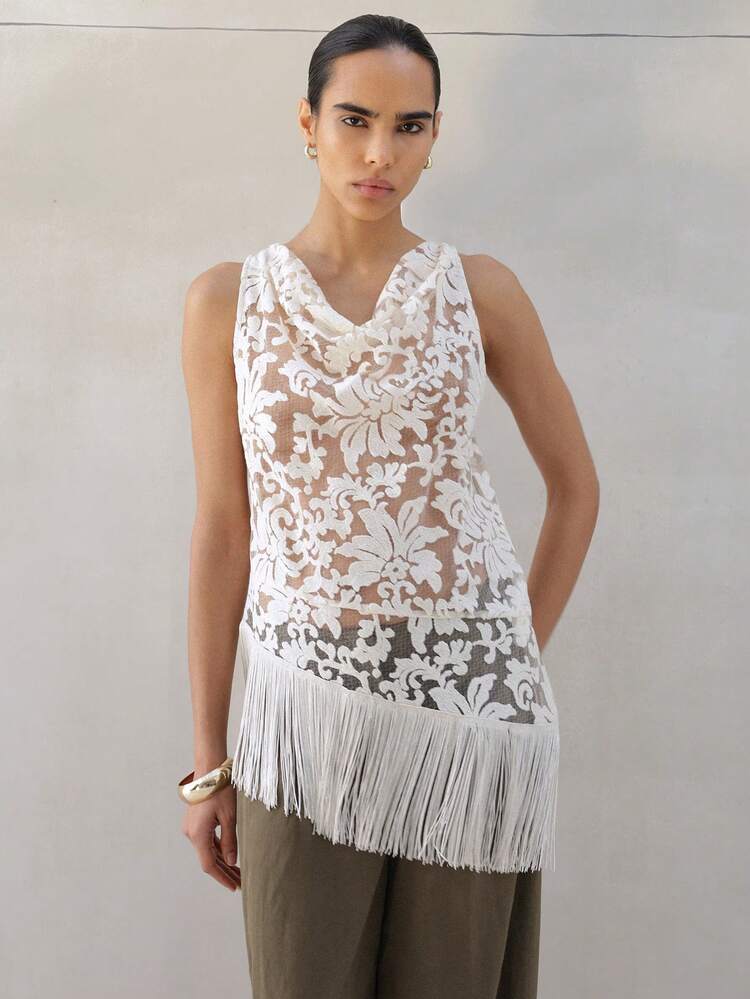 KSTM Women Sleeveless Cowl Neck Lace Top With Asymmetric Fringe Detail White Boho Chic Festival Elegant Party Blouse