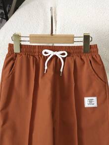 SHEIN Tween Boys' Letter Print Drawstring Waist Pocket Casual Pants - Brown - View 5