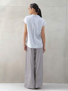 KSTM 女士高腰阔腿褶裥阔腿裤，休闲宽松飘逸长裤，适合春夏穿着 - 灰色 - 查看 2